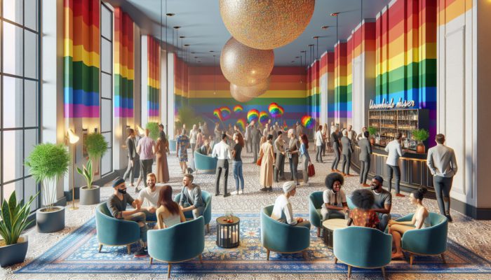 Lobby of an LGBTQ+-friendly hotel with rainbow decor, diverse guests, and a community mixer event sign.
