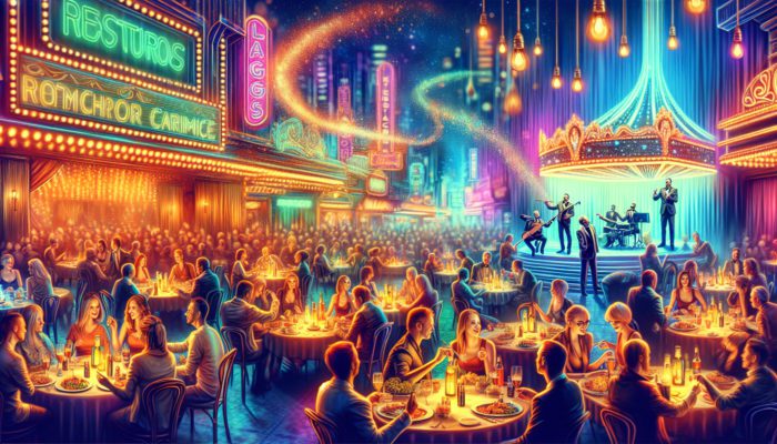 Diners enjoying gourmet meals with live entertainment in a vibrant Las Vegas restaurant under neon lights.