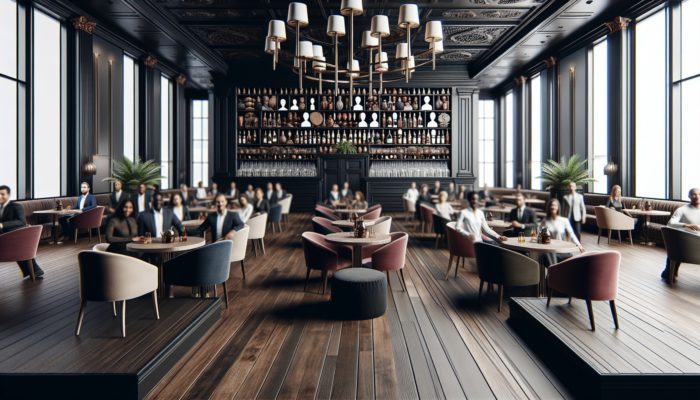 Elegant pub interior at The Wynn with dark wood, plush seating, and patrons enjoying gourmet and classic dishes.