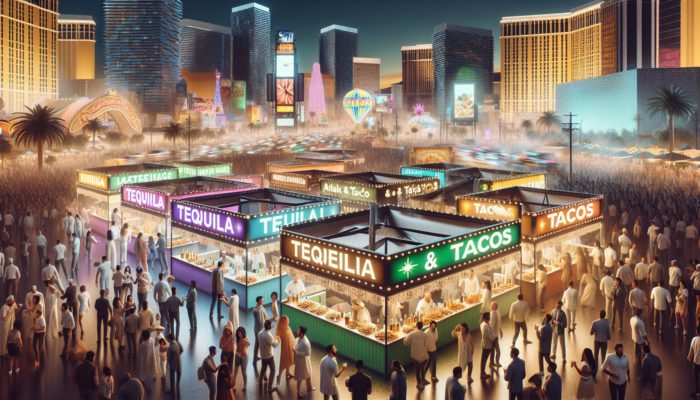 Vibrant Tequila & Taco Fest in Las Vegas with booths, tequila tasting, and tacos amidst lively nightlife.