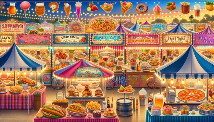 Las Vegas food festival with diverse dishes like shrimp cocktail, BBQ, and vegan options under festive lights.