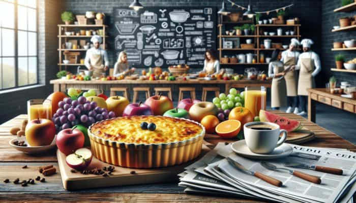Golden cheesy casserole on rustic table with fruits, coffee, newspapers, experts discussing recipes in cozy kitchen.