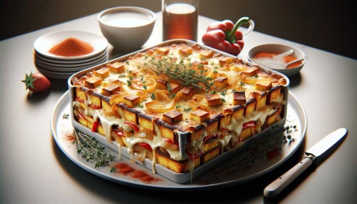 A breakfast casserole with melted cheese, crispy bread, caramelized onions, bell peppers, thyme, and paprika.