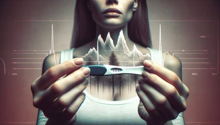 Woman holding pregnancy test with two lines, graphs showing hCG levels indicating pregnancy status.