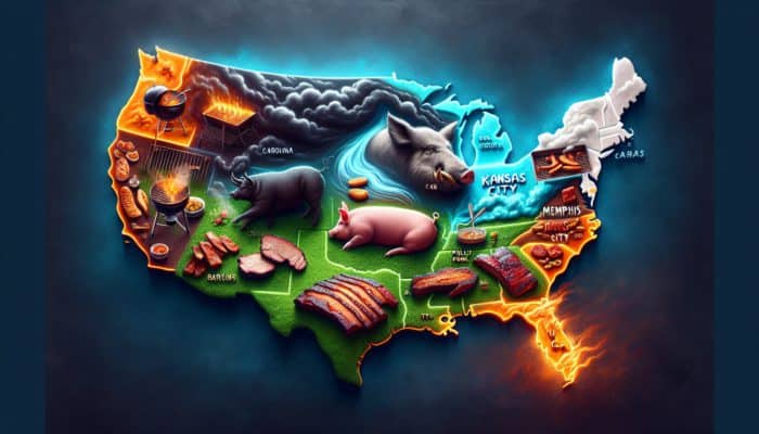 Map of U.S. highlighting regional BBQ styles: Texas brisket, Carolina pork, Memphis ribs, Kansas City burnt ends.