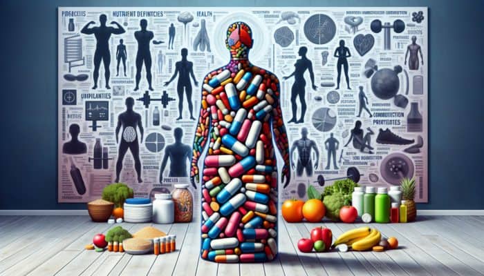 Silhouette filled with pills, surrounded by shadowy figures, against diet and exercise backdrop.