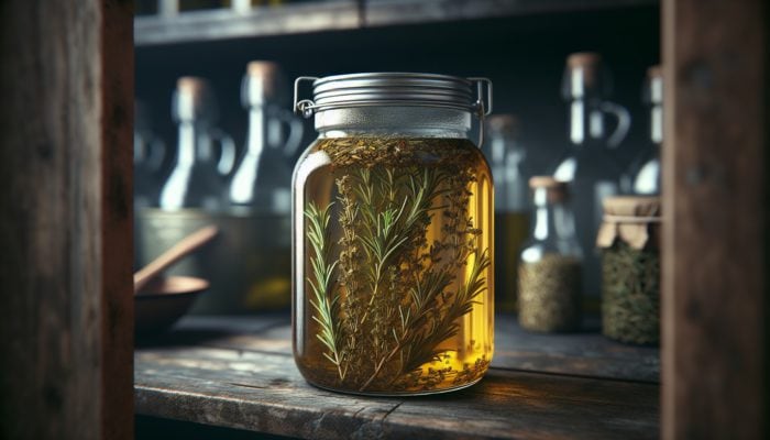 Glass jar with olive oil and bruised herbs like rosemary and thyme, steeping in a cool, dark pantry.
