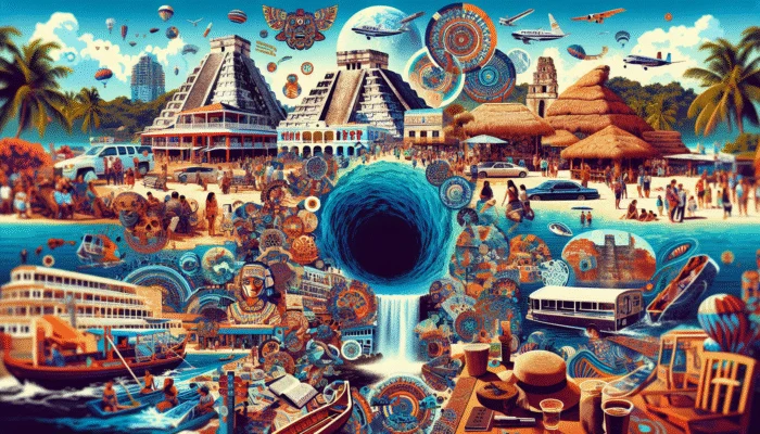 A vibrant collage showcasing Belize's Great Blue Hole, Caracol ruins, Barrier Reef, and local life.