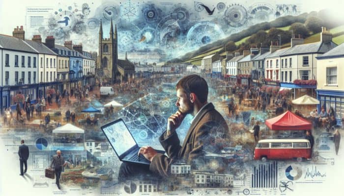 A small business owner in Dawlish analyzing social media metrics on a laptop amidst local landmarks and events.