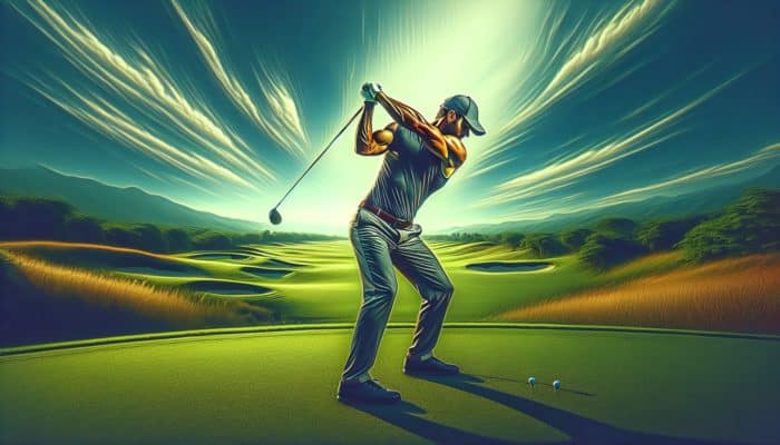 A golfer in peak condition executing a powerful, fluid swing on a lush green course.
