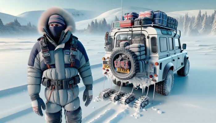 Essential Winter Travel Gear: Individual in the UK wearing insulated layers beside a vehicle equipped with snow chains and an emergency kit in a snowy setting.
