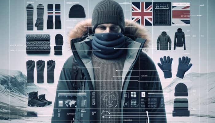 Individual in UK winter attire: layered with moisture-wicking base, fleece, waterproof jacket, thermal socks, and gloves.