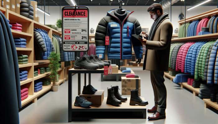 Individual evaluating clearance items in a winter gear store for durability and quality, using a tablet for reviews.