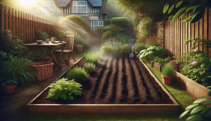 Rich, dark UK soil mixed with compost, raked smooth, ready for herb planting under soft sunlight.