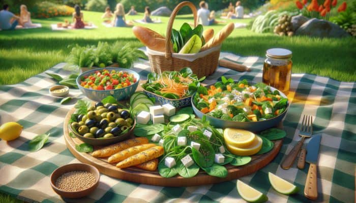 Best Dishes for a Summer Picnic Party: A summer picnic featuring Mediterranean, Asian-inspired, and classic green salads with diverse ingredients.