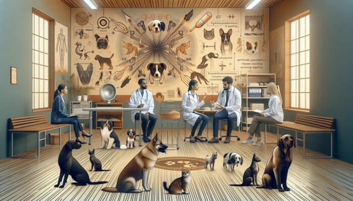 A veterinary clinic team discussing spaying timing with dogs, cats, and educational charts in a warm setting.