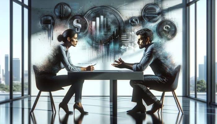 A tense negotiation scene in a modern office with two people discussing debt consolidation fees across a table, surrounded by charts and documents.