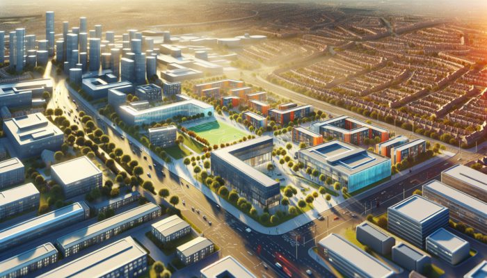 Aerial view of East London school zones with modern architecture, vibrant community spaces, and property value graphs on a sunny day.