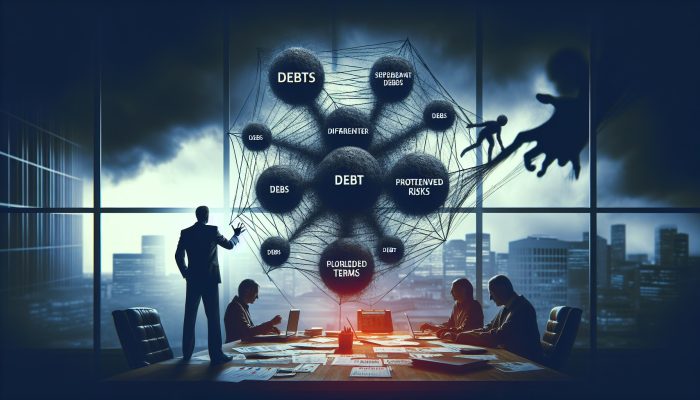 Debt Consolidation Loan APR Breakdowns: UK Guide | DCL A person in a shadowy office, struggling with tangled debts, facing consolidation risks.