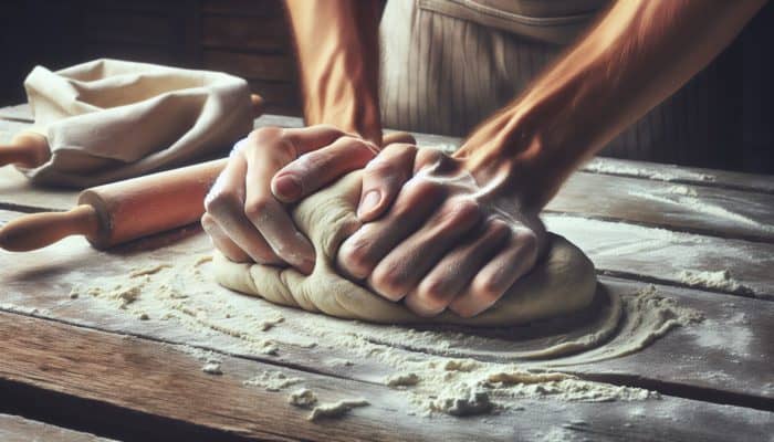 Hands kneading dough on a floured wooden surface, demonstrating folding, stretching, and pressing techniques.