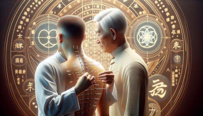 Elderly Chinese man inserting acupuncture needles into veteran's back, surrounded by traditional medicine symbols.