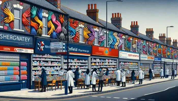 A street scene in Enfield featuring pharmacies like Boots, Lloyds, and Superdrug with staff assisting customers and displaying nitrile gloves.