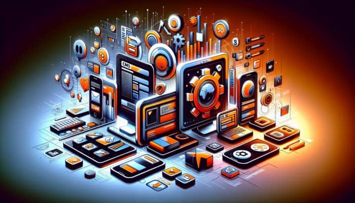 Modern website interface displaying icons for CMS, responsive design, and SEO, adapting for various devices.