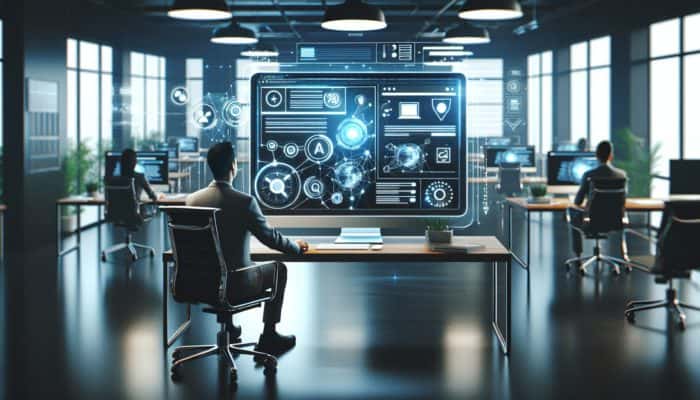 A professional website showcased on a computer screen in a modern office, illustrating responsive design and SEO optimization.