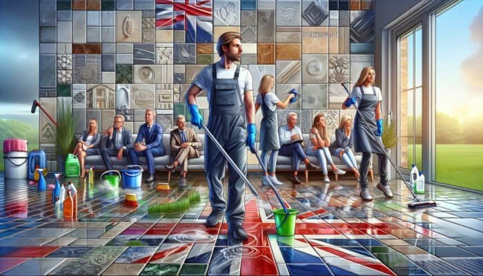 UK cleaning team using biodegradable products on tiles, showcasing eco-friendly methods and outstanding service.