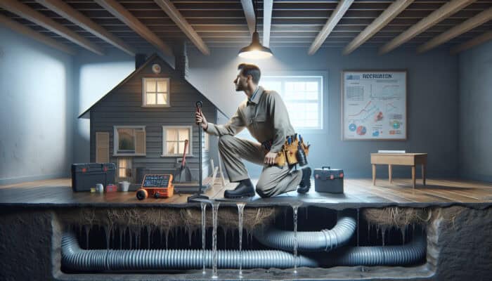 An expert inspecting a damp crawl space with modern drainage tools, ensuring quality and compliance with codes.