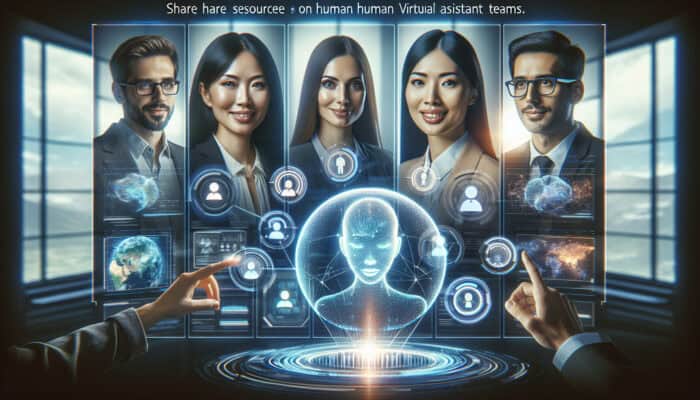 Diverse experts collaborating digitally, sharing resources and insights on human VA teams with holographic data visualizations.
