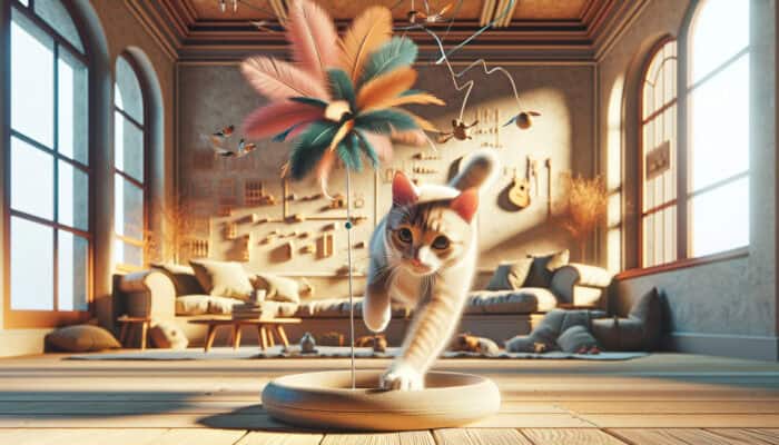 A feather teaser toy in a sunlit room, engaging a cat's hunting instincts and promoting health.