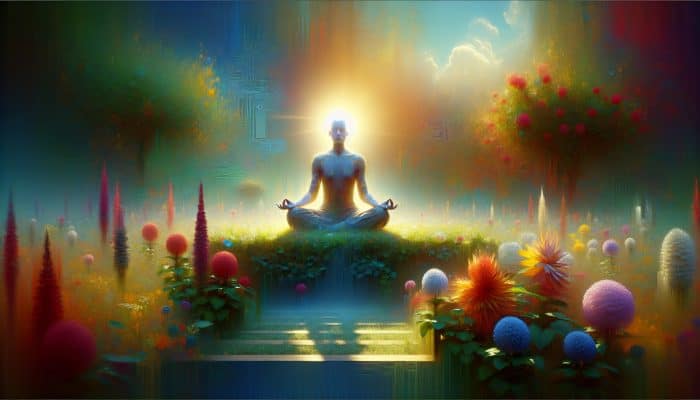 Enhancing Confidence Through Mindfulness: A person meditating in a peaceful garden, surrounded by colourful flowers and gentle sunlight, embodying mindfulness.