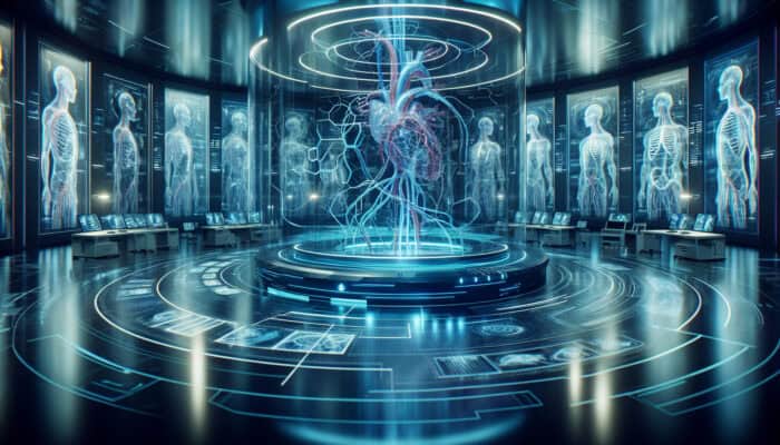 Holographic displays in a futuristic lab enhancing clarity of human vascular structures for education and clinical use.