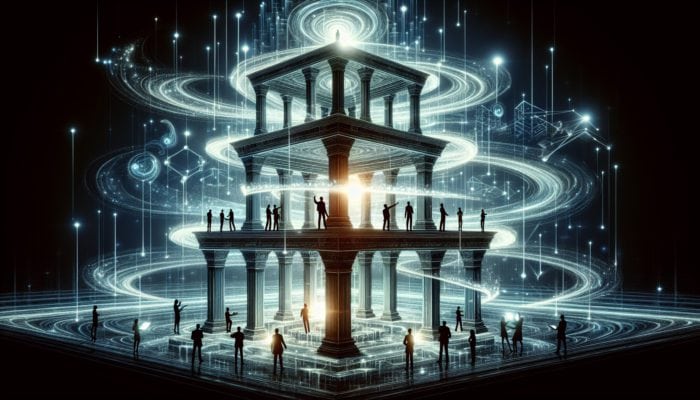 A three-tiered structure with glowing insights, experts discussing each level, abstract knowledge patterns.