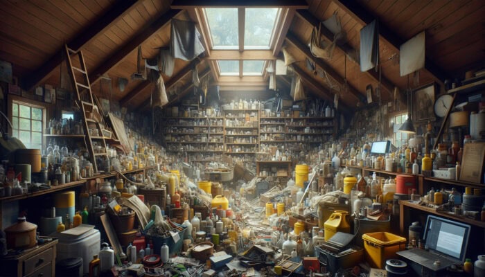 Thoughtful Planning Tips for House Clearance: Cluttered attic with organized piles of family heirlooms, photos, antiques, and hazardous materials under a skylight.