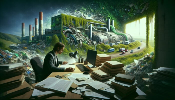Person researching legal and environmental regulations while surrounded by recycling and nature.