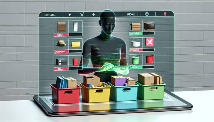 Person organizing house clearance with labelled boxes and a digital inventory app on tablet.