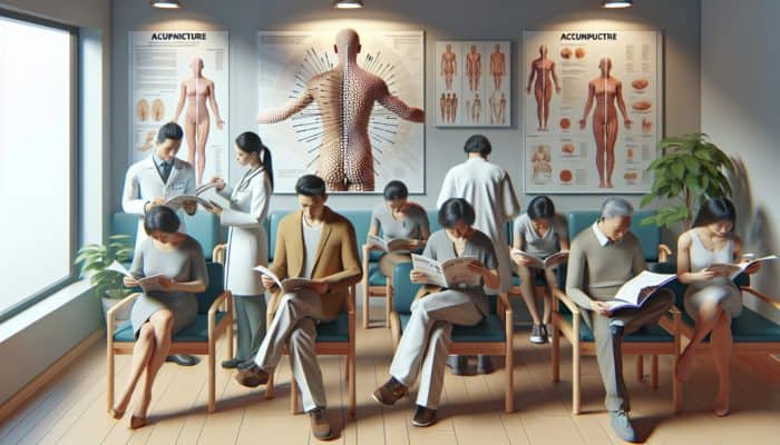 NHS clinic waiting room with patients learning about acupuncture's integration into modern healthcare.