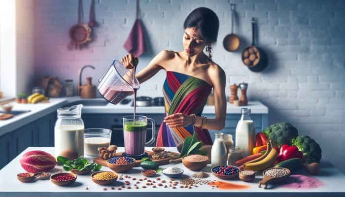 A vegetarian blending a colorful smoothie with whey protein, surrounded by milk, legumes, seeds, and grains.
