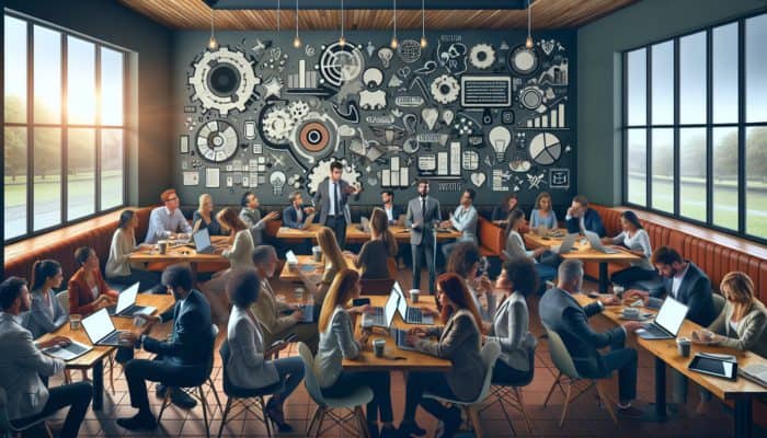 A digital marketing strategy meeting in a Budleigh Salterton café with small business owners and a consultant discussing innovative ideas.