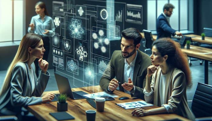 A small business team analyzing digital marketing data on screens while discussing strategies with an expert consultant.