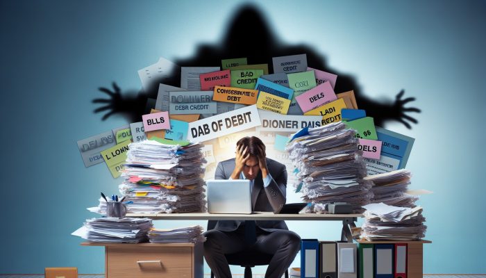 Case Study: Debt Consolidation With Bad Credit: UK Success | DCL Person with a worried expression at a desk, surrounded by bills, struggling with debt consolidation due to bad credit.