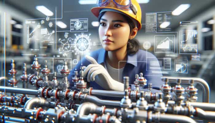 A gas line technician engaged in hands-on training at a facility, surrounded by educational resources.