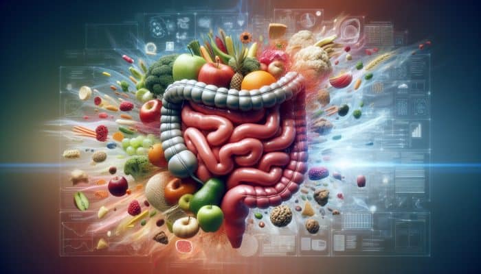 Illustration of fiber-rich foods promoting gut health and preventing digestive disorders.