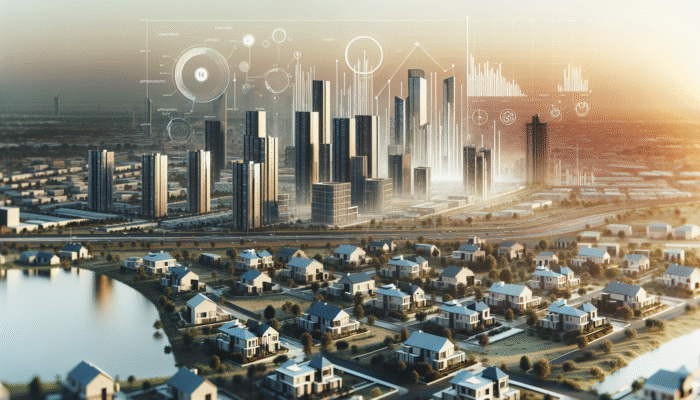 Modern Boksburg skyline with new developments, entry-level and upscale homes, rising sun indicating growth.