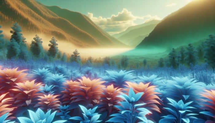 Ashwagandha plants in a serene landscape, symbolising mental health and calmness.