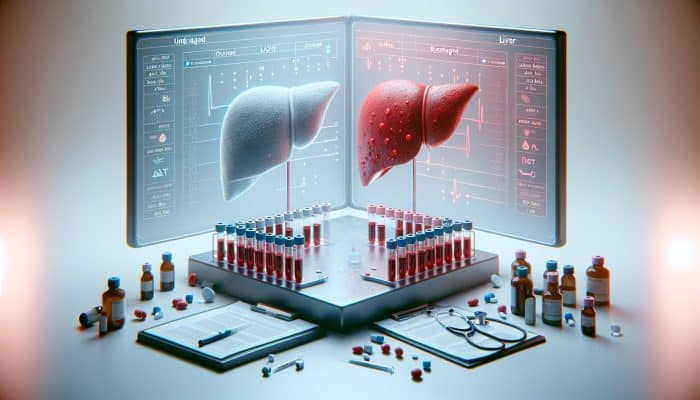 Liver Blood Test in Swanscombe: Visual depiction of liver blood tests with vials, featuring enzymes ALT and AST, alongside comparisons of healthy and damaged liver within a clinical framework.