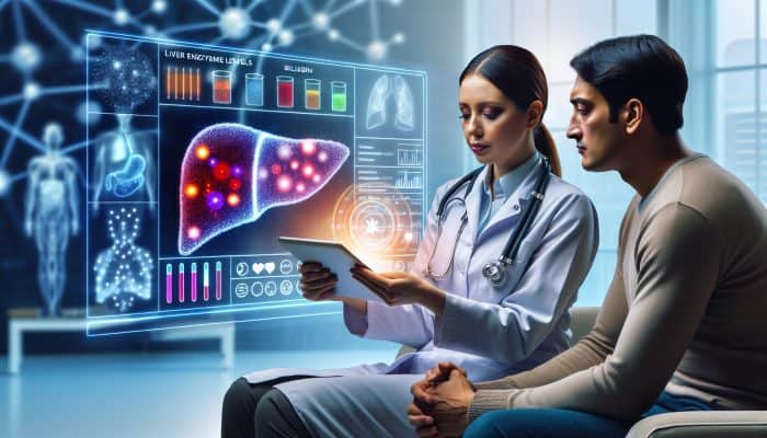 A healthcare professional discussing liver blood test results with a patient on a digital tablet, showcasing graphs and charts.