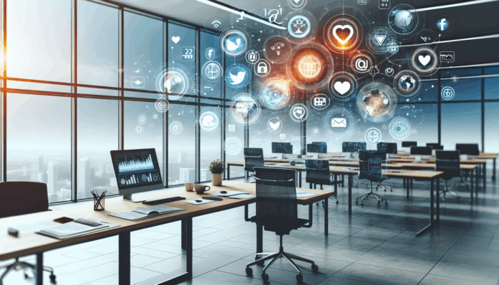 A vibrant digital workspace in Kingswood showcasing social media icons, charts, and graphs, symbolizing expert management.